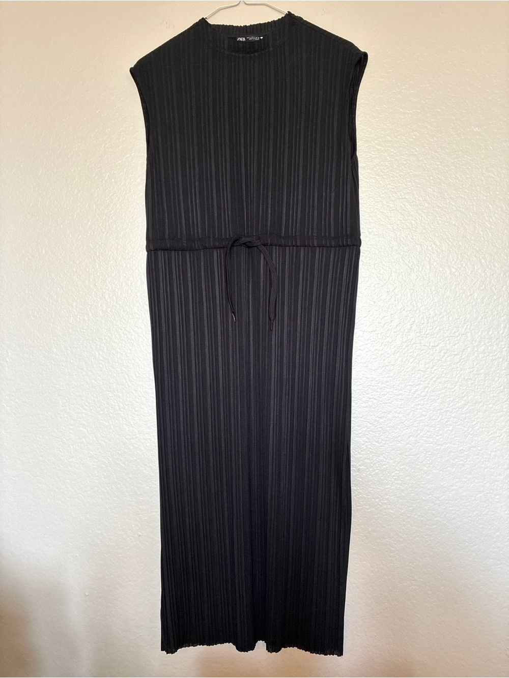 Zara Black Ribbed Sleeveless Drawstring Maxi Dress Size S Made in Portugal Goth